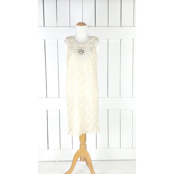 Ivory cream beaded crochet lace sheer net overlay sleeveless tunic dress 6 - Picture 1 of 8
